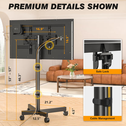 5Rcom Rolling TV Stand, Movable TV Stand with Apple TV/Roku Ultra Mount for 23-60 Inch TVs, Tilt/Height Adjustable Mobile TV Cart with Wheels Holds up to 88 lbs for Home Office, MAX VESA 400x400mm