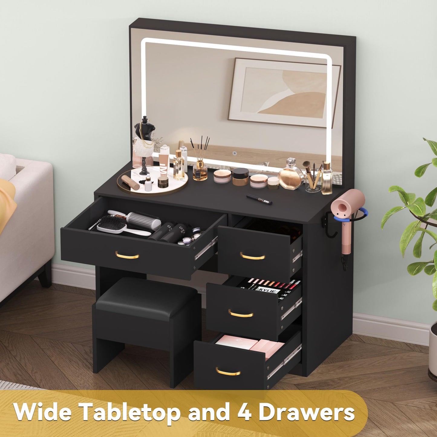 DWVO Makeup Vanity Desk Set with Large LED Mirror, Adjustable Brightness, and Cushioned Stool, Vanity Table with 4 Drawers for Bedroom, Dressing Room, Women