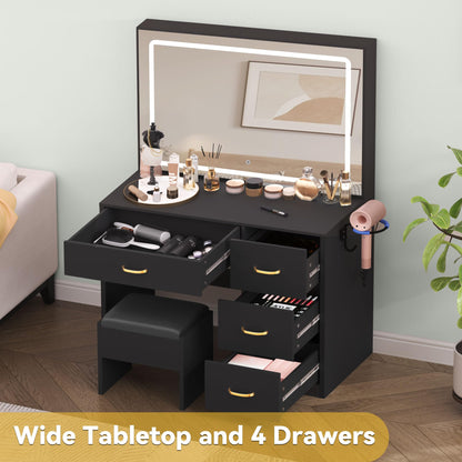 DWVO Makeup Vanity Desk Set with Large LED Mirror, Adjustable Brightness, and Cushioned Stool, Vanity Table with 4 Drawers for Bedroom, Dressing Room, Women