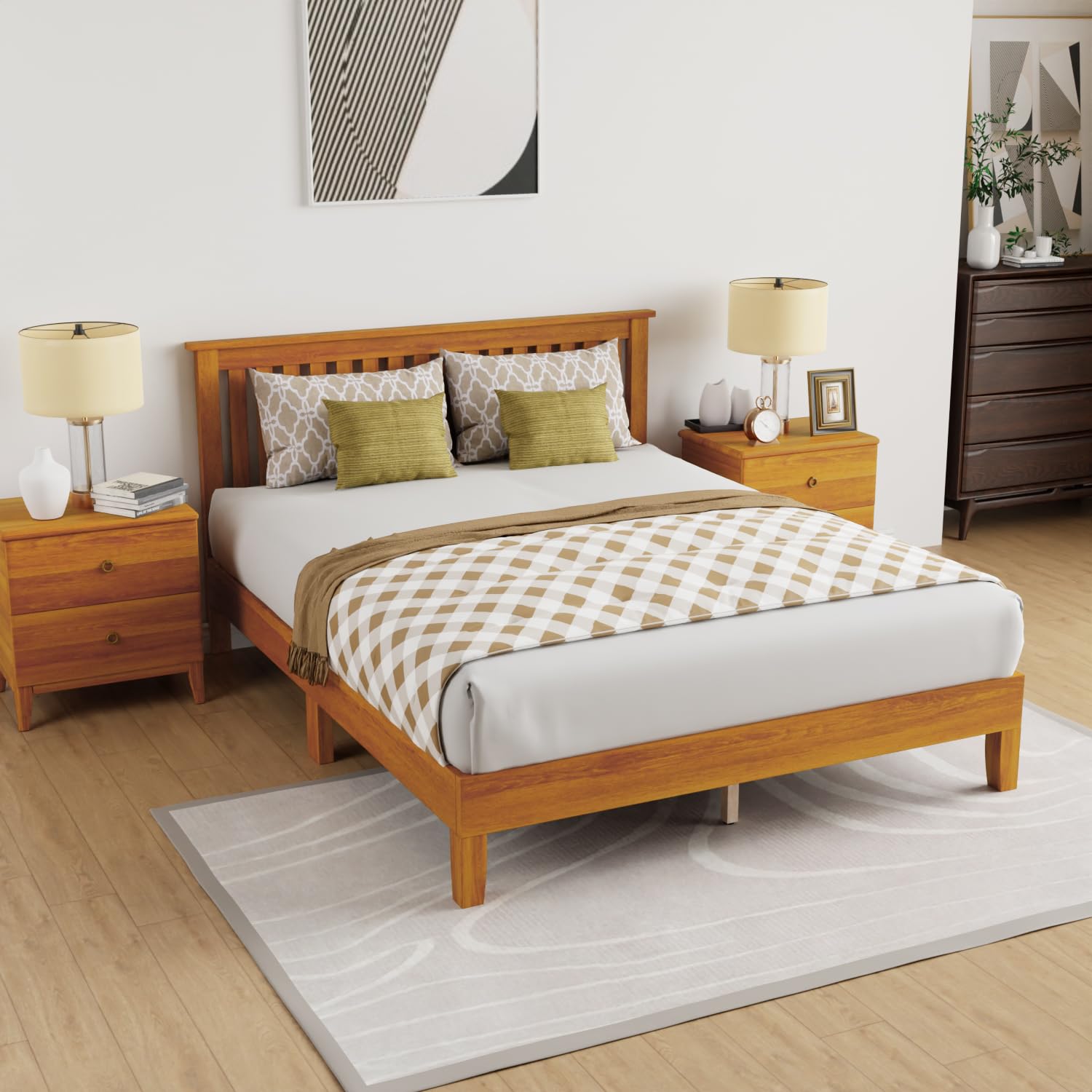 PayLessHere Solid Wood Platform Bed Frame with Headboard - Queen, Brown, Easy Assembly, No Box Spring Needed - WoodArtSupply