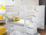 Bedz King Stairway Bunk Beds Full over Full with 4 Drawers in the Steps and 2 Under Bed Drawers, White Bedz King