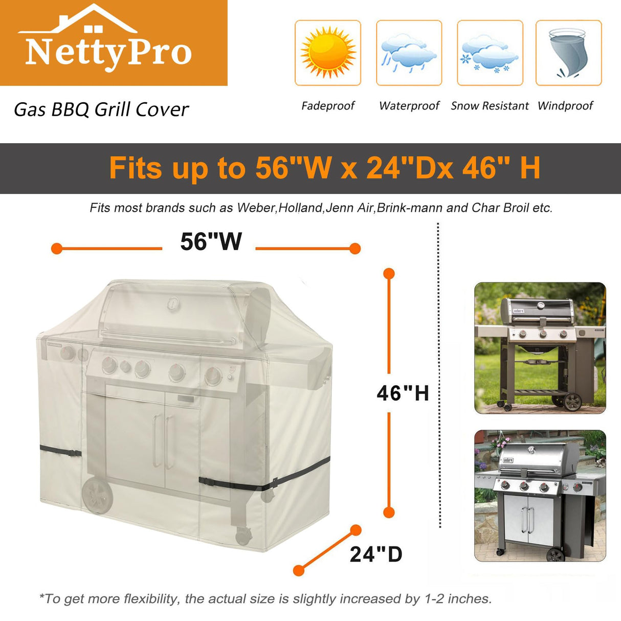 NettyPro Gas BBQ Grill Cover 56 Inch Waterproof 600D Heavy Duty Outdoor Barbecue Cover for Char-Broil, Brinkmann, Nexgrill Grills and More, Beige NettyPro