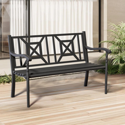 JMGJOY Metal Outdoor Bench, Weatherproof Garden Bench with Square Pattern Backrest and Armrests, for Patio, Porch, Park, Lawn