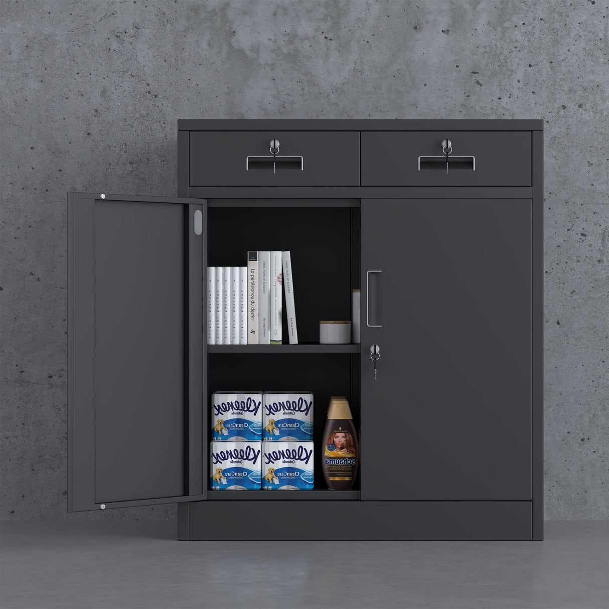 JINGUR Metal Storage Cabinet with Locking Doors and 2 Drawers, Lockable Storage Cabinets with Adjustable Shelf for Home Office and Garage (Black) JINGUR