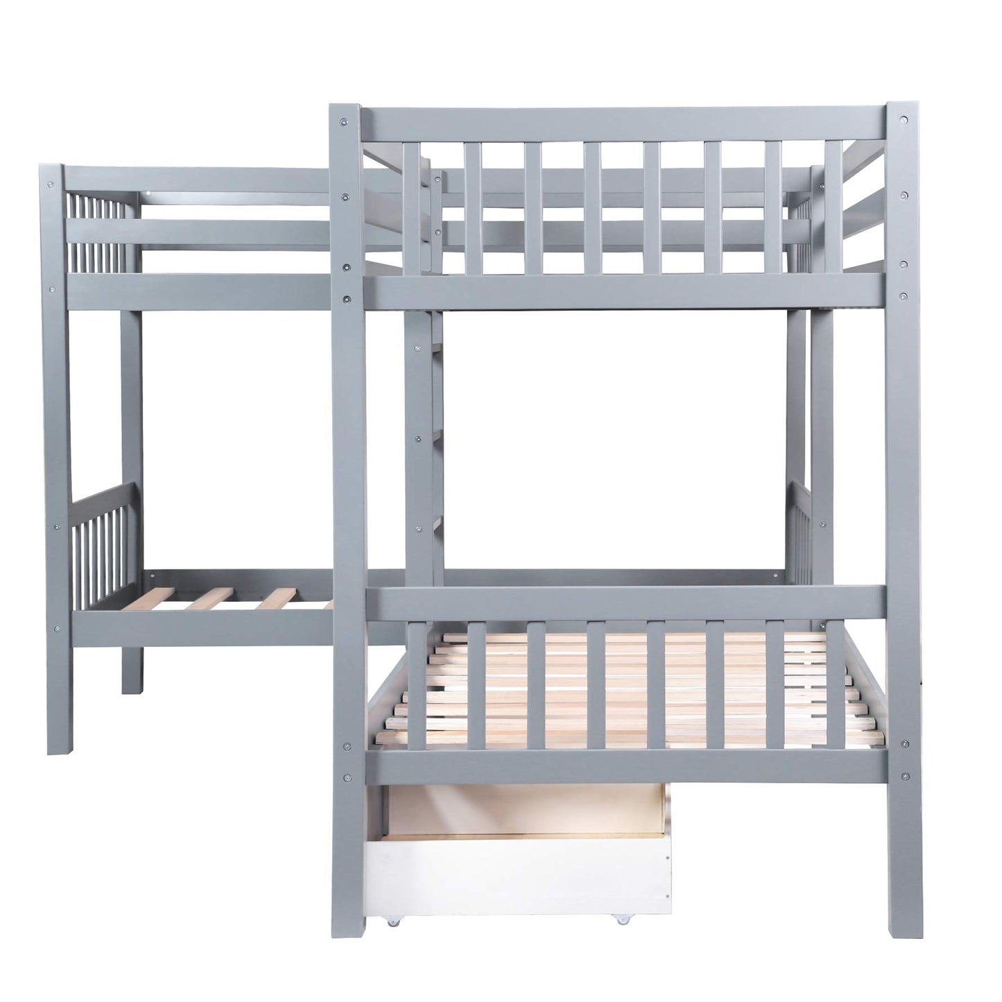 MERITLINE L-Shaped Bunk Beds for 4, Twin Over Twin Bunk Beds with Storage Drawers, Solid Wood Quad Bunk Beds for Kids, Teens, Girls,Boys, Grey