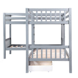 MERITLINE L-Shaped Bunk Beds for 4, Twin Over Twin Bunk Beds with Storage Drawers, Solid Wood Quad Bunk Beds for Kids, Teens, Girls,Boys, Grey MERITLINE