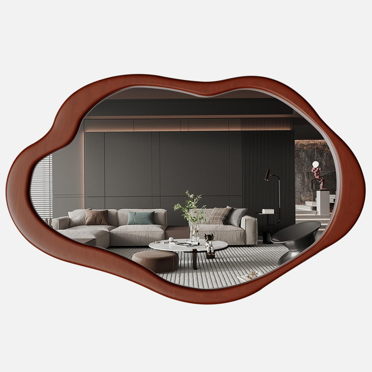 osemy 42"x 28" Irregular Wall Mirror, Walnut Wood Framed Wall Mirror, Asymmetrical Wall Wavy Mirror for Living Room Bedroom Entryway Bathroom Modern Decorative Cloud Mirror Hanging Hooks osemy