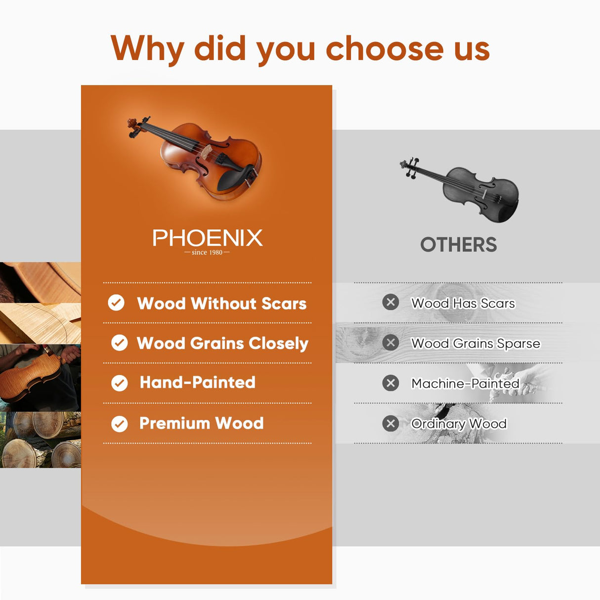 PHOENIX Violin 4/4 Full Size Kit, Violin Fiddle Set for Beginner Adults Student with Rosewood Bow, Extra Strings & Bridge, 2 Rosins, Tuner, Case, Mute, Fingerboard Stickers, Shoulder Rest (Full) PHOENIX