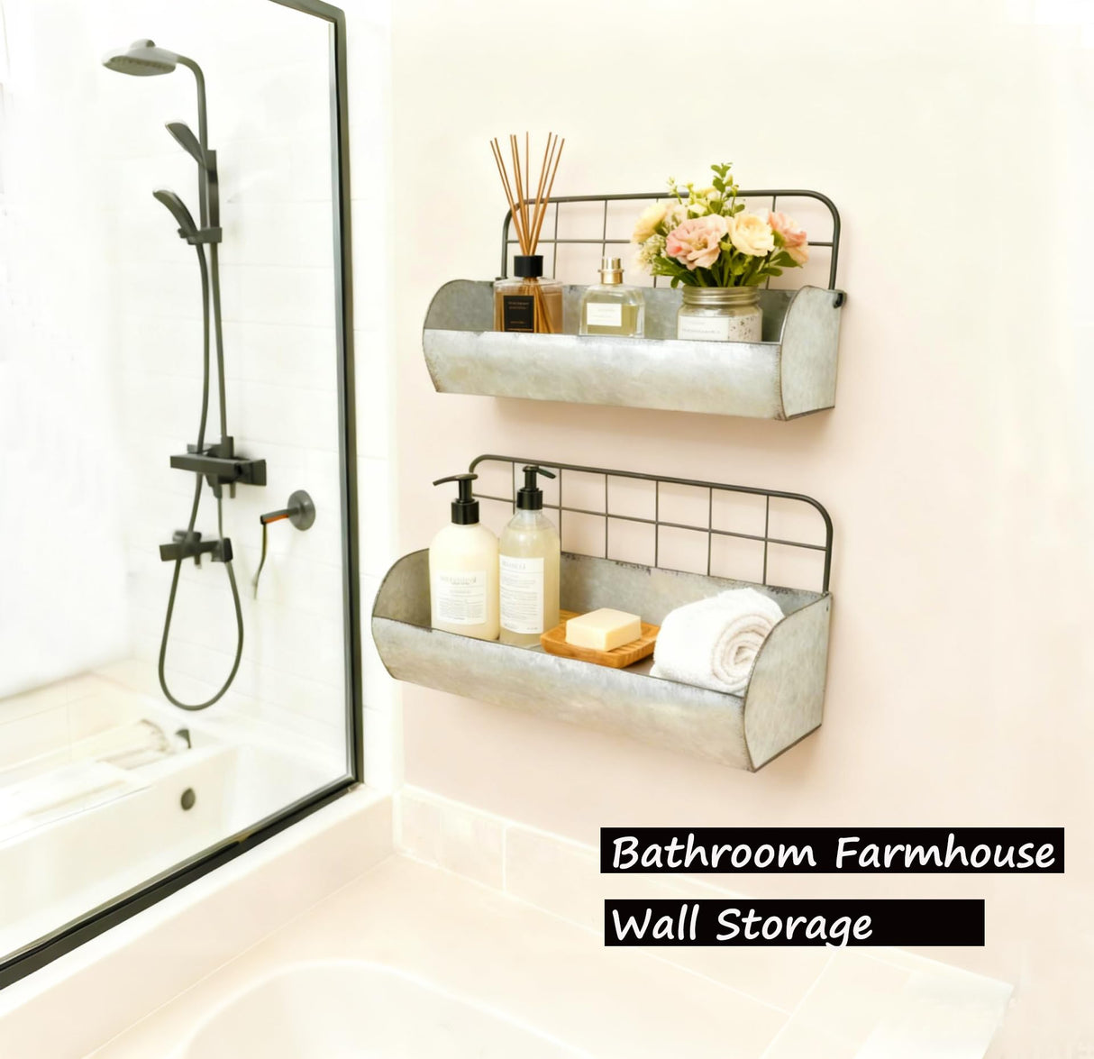 ShabbyDecor Galvanized Metal Farmhouse Wall Storage Holder Rustic Tin Shelves for Kitchen Laundry Room Bathroom Metal Hanging Wire Basket Set of 2 ShabbyDecor