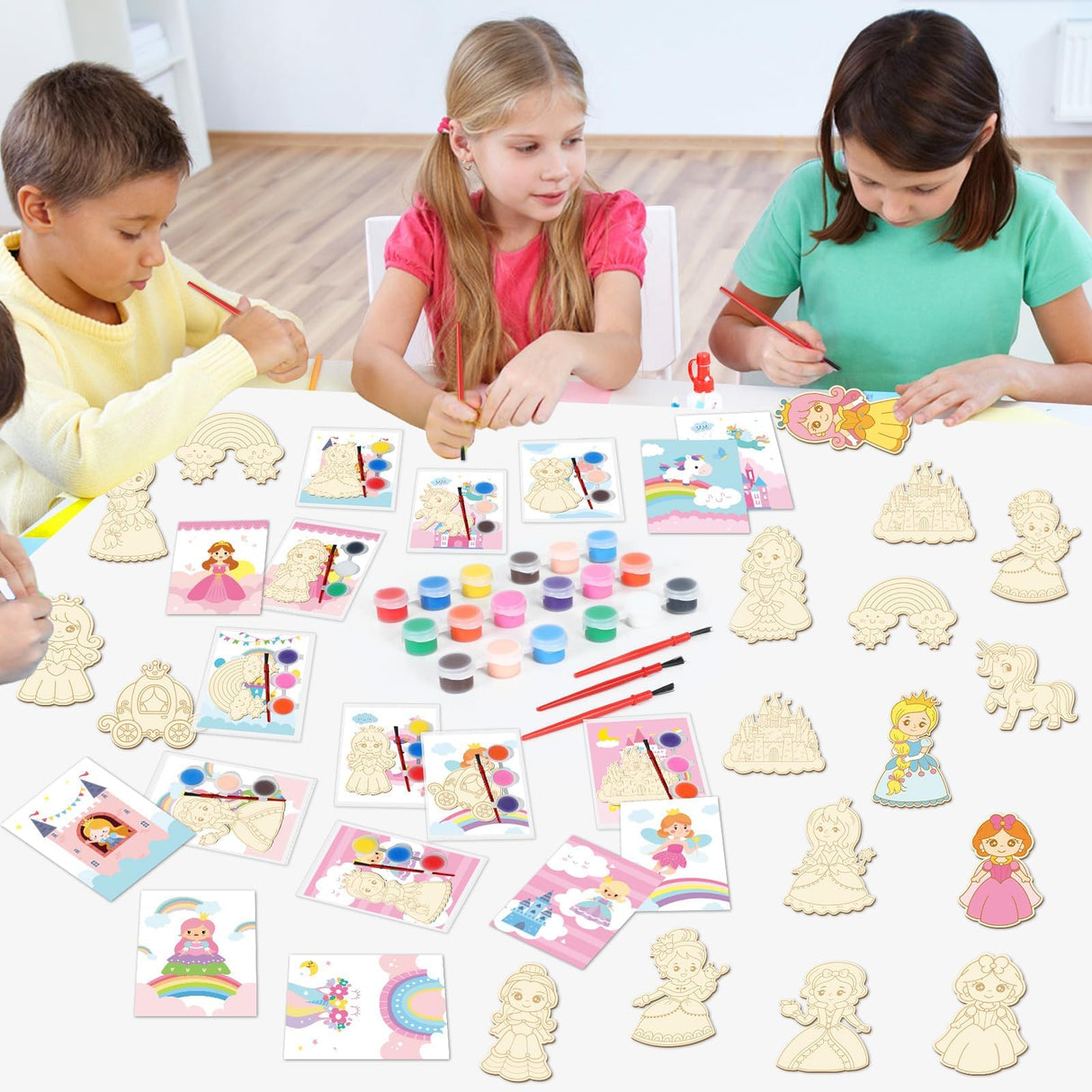 24Pcs Princess Party Favors Birthday Supplies Decorations-Cards with Art Crafts Castle Fairies DIY Wooden Painting Craft Kits Thank You for Coming Gifts Bulk Goodie Bags Stuffers Prizes for Kids Girls Yiaoyinnz