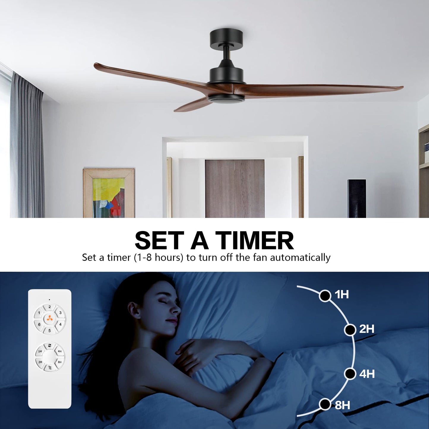 WINGBO 60 Inch DC Ceiling Fan without Lights, 3 Reversible Carved Solid Wood Blades, 6-Speed Noiseless DC Motor, Ceiling Fan No Light with Remote, Matte Black Finish with Walnut Blades