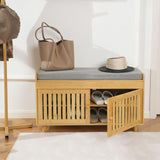 Shoe Storage Bench, Bamboo Entryway Bench with 2 Doors & Padded Seat Cushion, 2 Tier Shoe Rack, 35.4" W x 12.6" D x 19.7" H, Shoe Cabinet Organizer for Entryway, Living Room, Bedroom, Hallway, Nature oakvivo