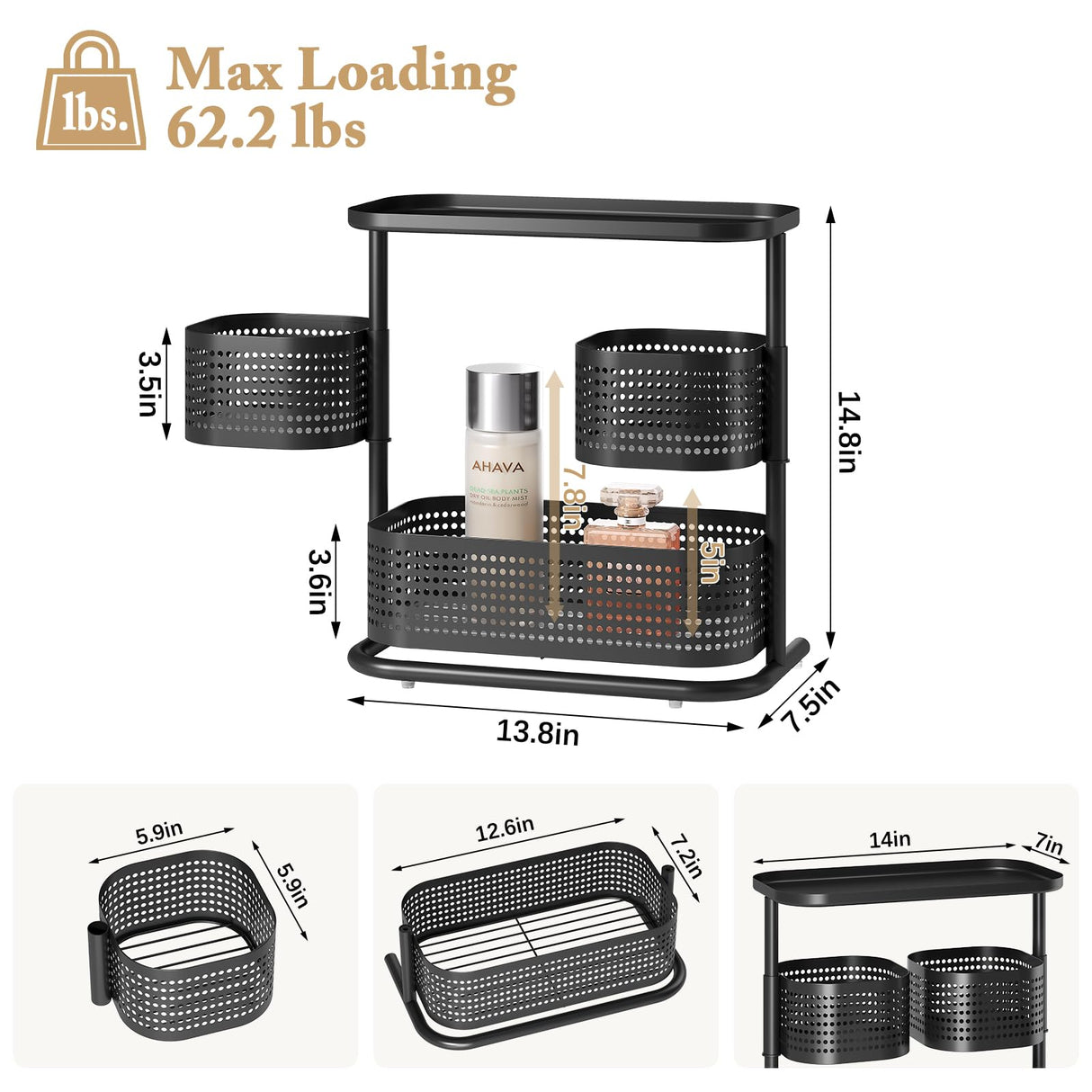 KINGRACK Bathroom Counter Organizer, 3 Tier Rotating Vanity Bedroom Storage cabinet, Cosmetic Holder Standing Shelf, Bathroom Tray for Countertop Storage, Kitchen Spice Rack, Black KINGRACK