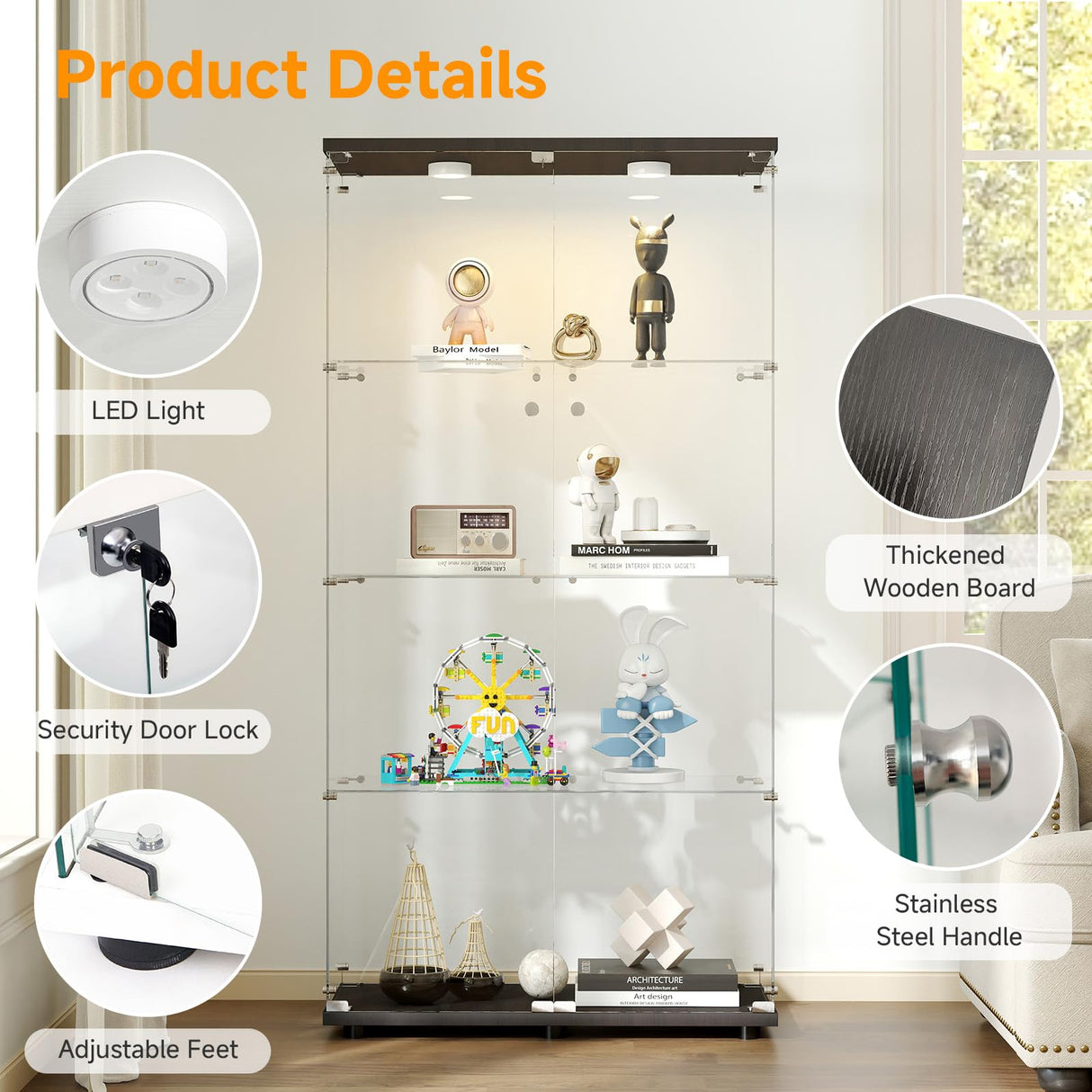 Zevemomo Tempered Glass Display Cabinet with Lights, 4-Tier Curio Cabinet with Glass Doors and Lock, Glass Display Case for Collectibles, for Living Room, Bedroom, Office, Black, Double Door Zevemomo