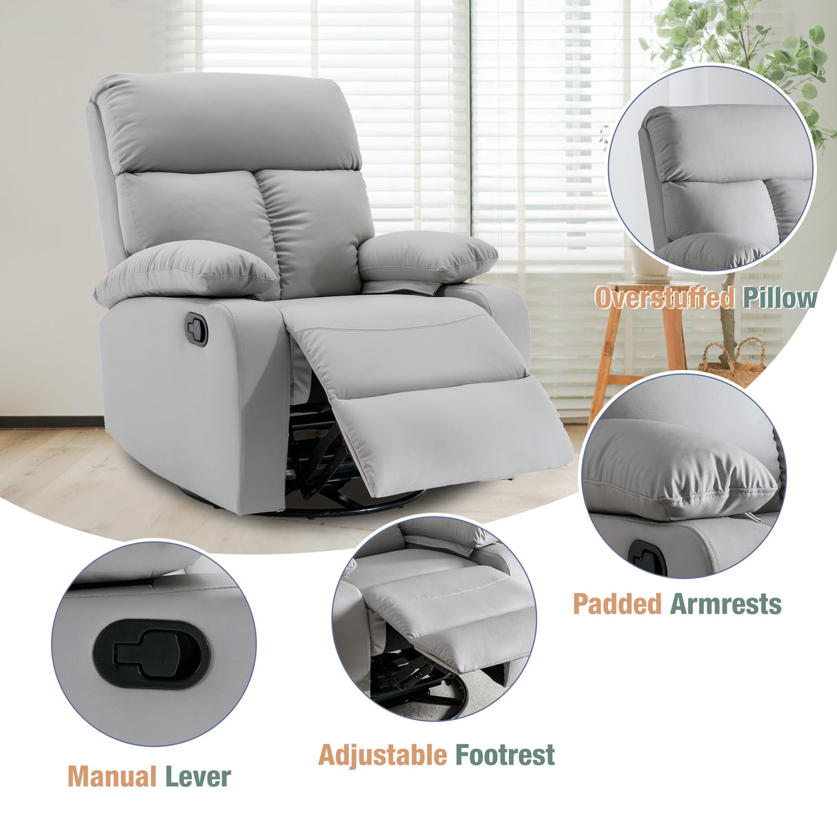 hzlagm Swivel Rocker Recliner, Rocking Recliner Chair, Small Rocker Recliners for Small Spaces, Living Room, Bedroom, Nursery, RV, Light Grey hzlagm