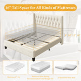 HISOFT Queen Bed Frame, Velvet Upholstered Queen Platform Bed with 48.8" Tall Wingback Headboard, Button Tufted, No Box Spring Needed, Noise-Free, Cream HISOFT