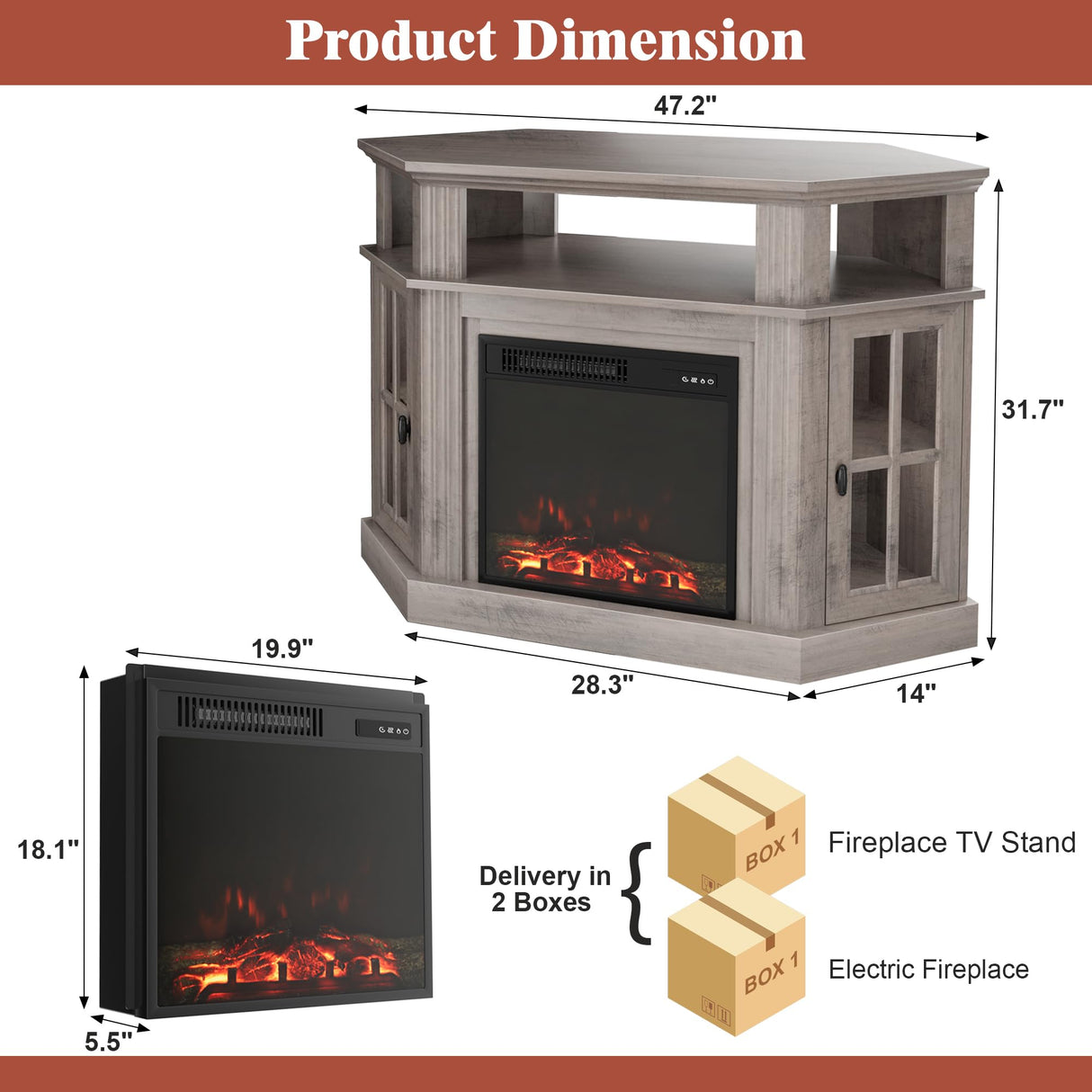 Furmax Fireplace Corner TV Stand for TV Up to 55 Inch, Modern TV Console with 18 Inch Electric Fireplace, Entertainment Center with Open Shelf and Storage Cabinets for Living Room, Rustic Oak Furmax