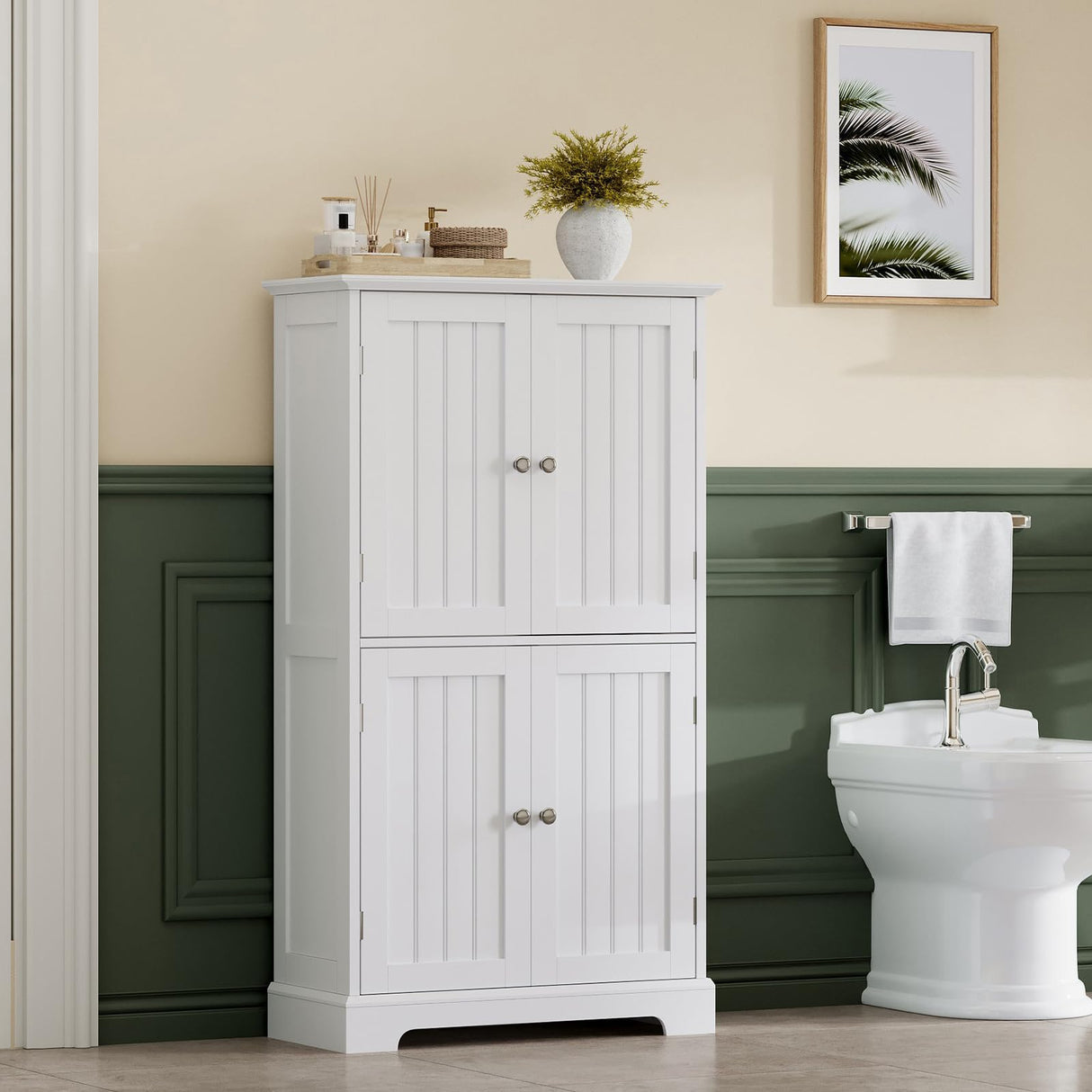 ChooChoo Bathroom Floor Cabinet, Modern Bathroom Storage Cabinet with 4 Doors and Adjustable Shelves, Freestanding Cupboard for Living Room, White ChooChoo