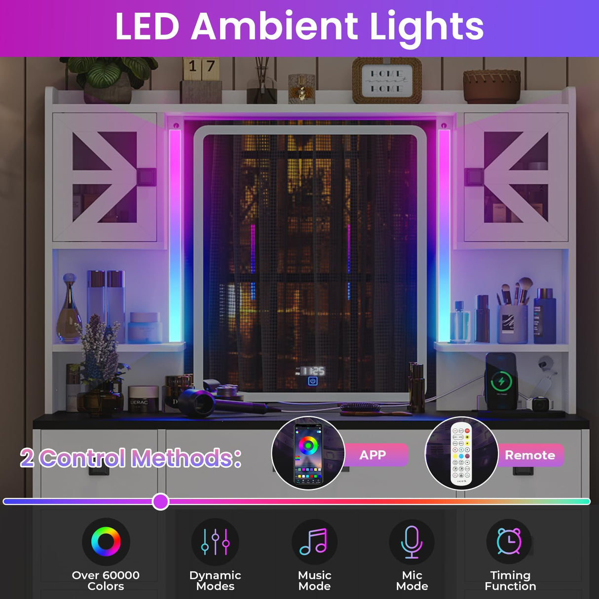 Tiptiper Farmhouse Vanity with Touch Screen Mirror & Time Display, Large Makeup Vanity with Charging Station, Vanity Desk with Mirror and RGB Lights, Makeup Desk with 5 Drawers, White & Black Tiptiper