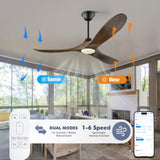 52 Inch Smart Ceiling Fan with Lights, Outdoor Ceiling Fans for Patios Damp Rated, 3 Blades Propeller Walnut Wood Farmhouse Ceiling Fan, Large Airflow DC Ceiling Fan with Remote/APP/Alexa Control XCWIIE