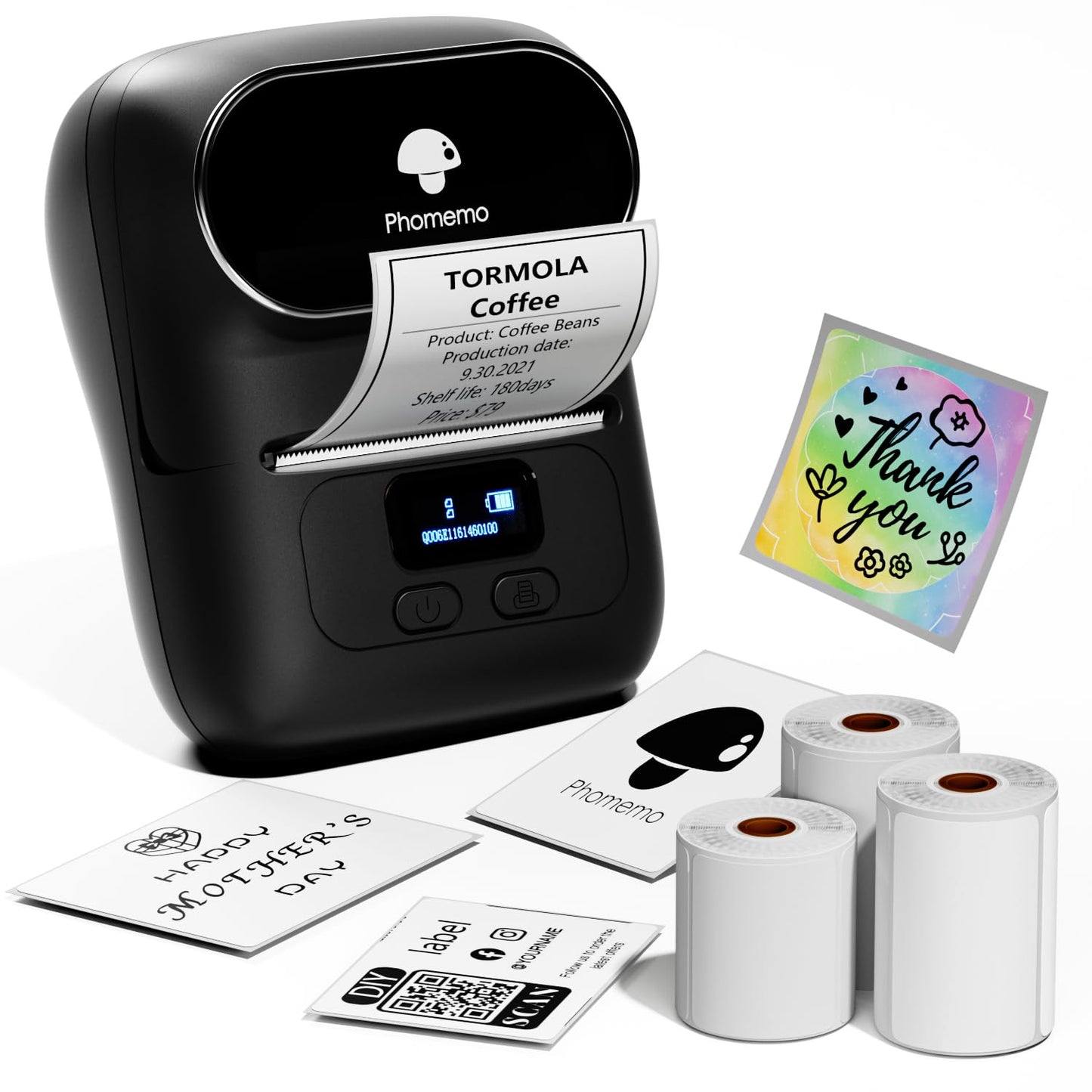 Phomemo Label Maker - M110 Address Label Printer Bluetooth Thermal Printer for Business, Office, School, Home-use, Barcode, Logo, Clothing Label, with 3 Label, Black