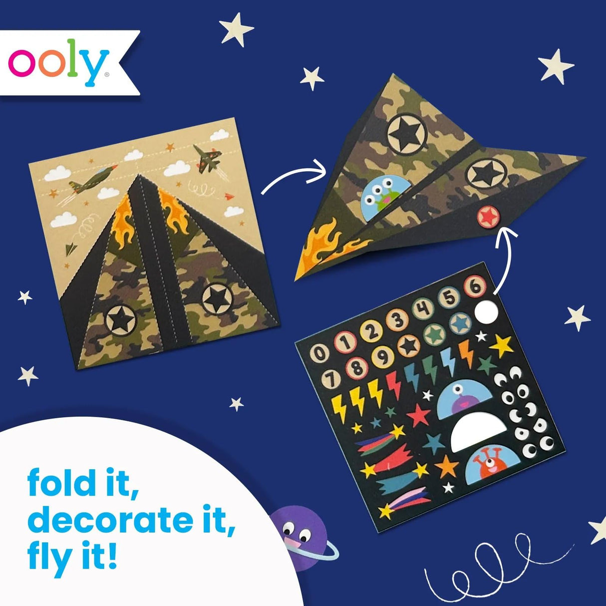 Ooly DIY Paper Airplane Book, 24 Paper Planes & Stickers, Kit Includes 12 Completed, 6 Blank and 6 Color-in Planes, Great Summer Crafts Activities for Boys and Girls Ooly