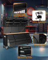 Elementool 72-Inch Heavy-Duty Rolling Garage Workbench with 15 Drawers, 3 Cabinets, Wheels & Pegboard - Steel Frame Tool Chest Storage Solution for Mechanics Workshop Organization, Matte Black Elementool