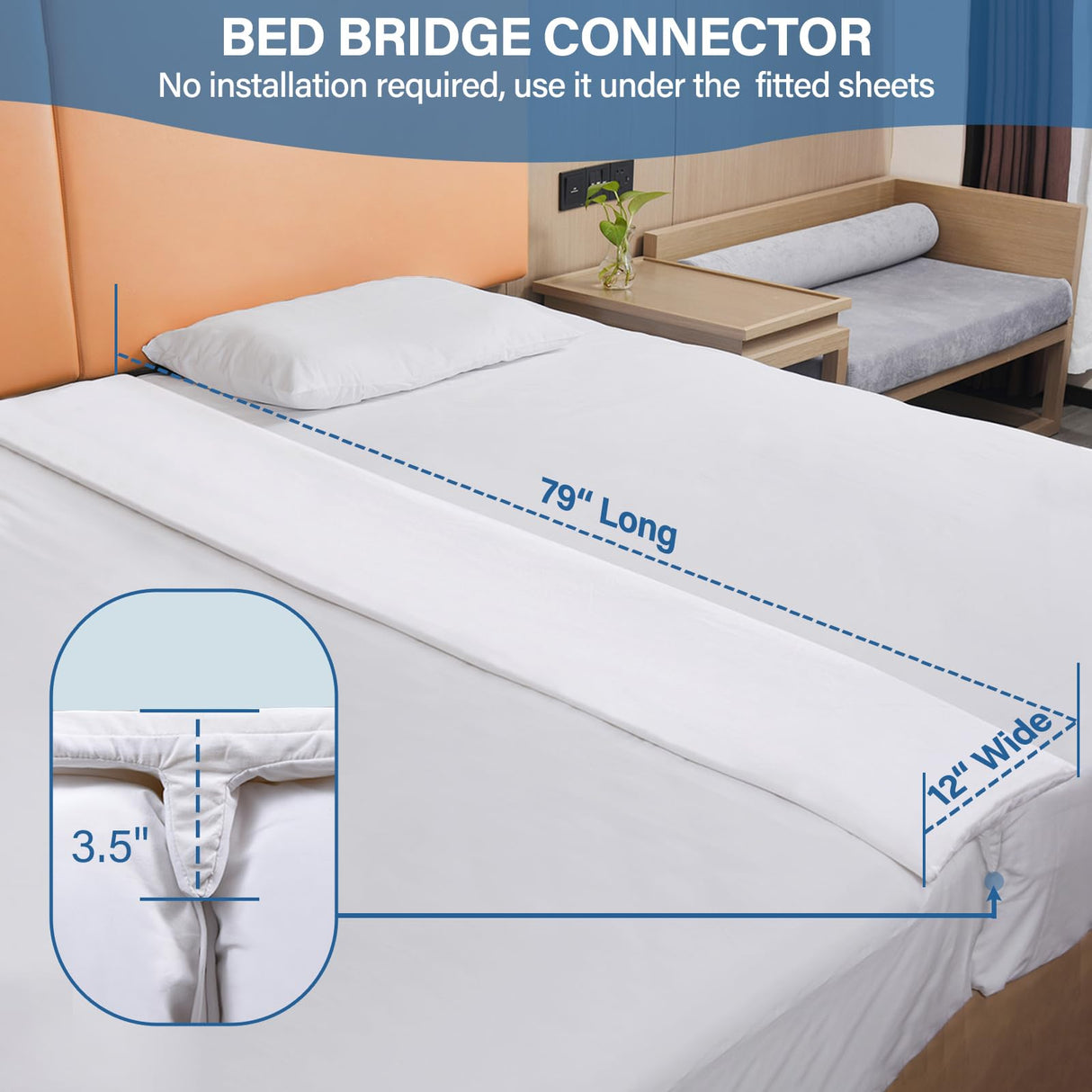 Vekkia Bed Bridge Twin to King Bed Converter Kit - 79in x 12in Split Twin to King Gap Filler for Adjustable Bed, Mattress Bed Connector with Washable Cover for Guests Stayovers (79in×12in) Vekkia
