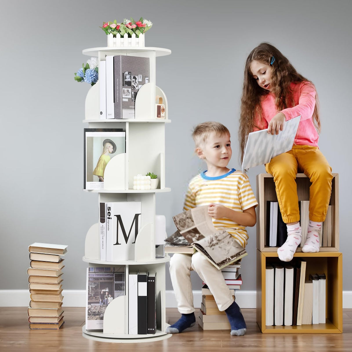 360-Degree Rotating White Bookshelf Tower – 4-Tier Solid Wood Bookcase for Kids and Adults wirlsweal