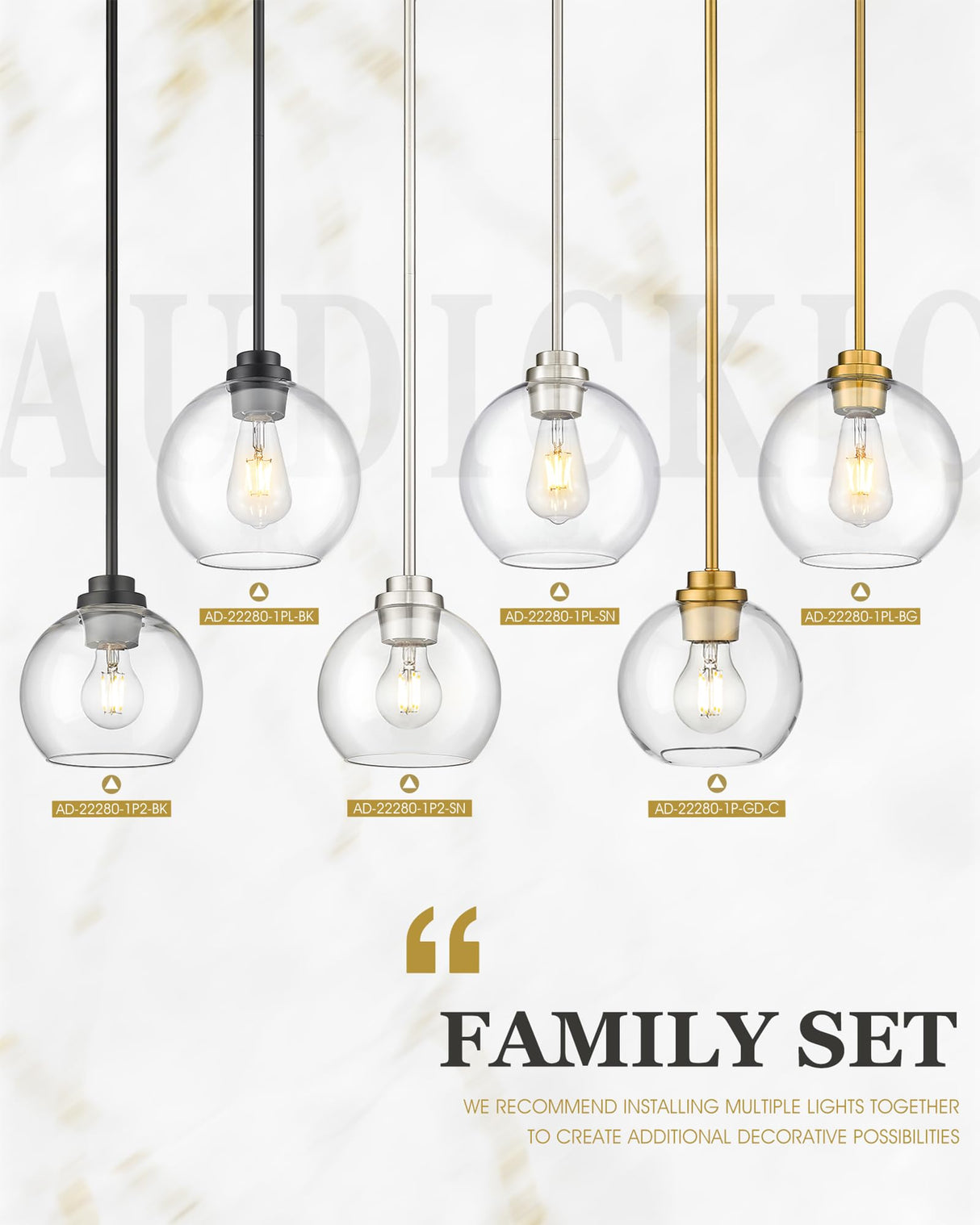Audickic Brass Pendant Lights Kitchen Island 2 Pack, Farmhouse Gold Pendant Light with Clear Glass Globe Shade, Kitchen Island Lighting for Dining Room Entryway, AD-22280-1P2-GD-C Audickic