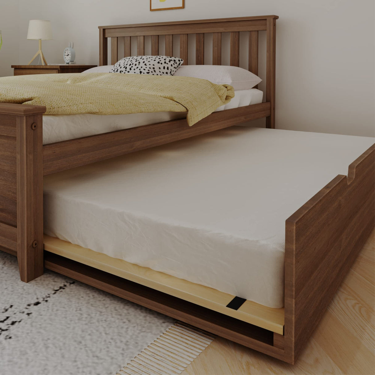 Max & Lily Full Bed, Wood Bed Frame with Headboard for Kids with Trundle, Slatted, Walnut Max & Lily