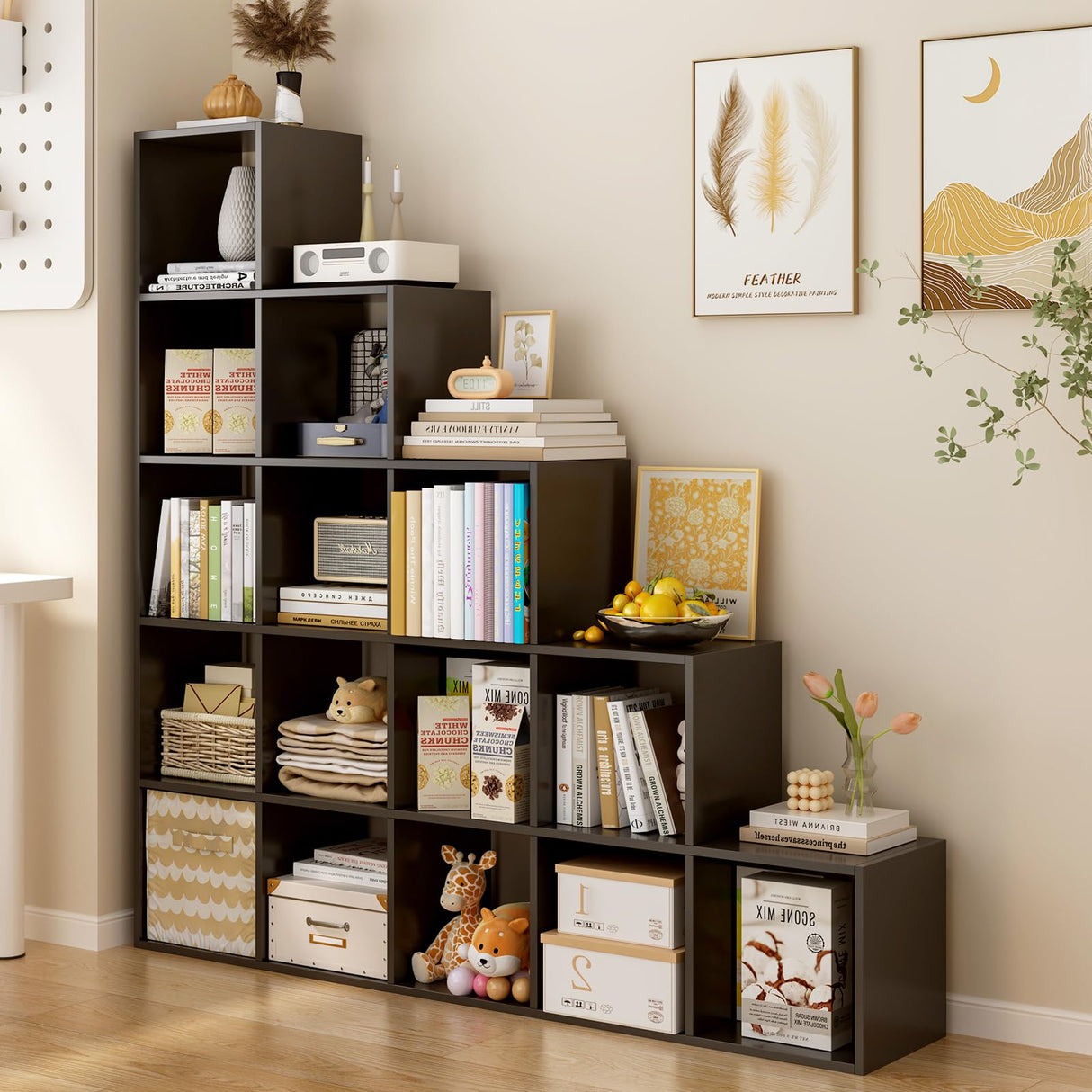 OSCHF Ladder Cube Storage Bookcase - Wooden L-Shaped 5-Tier Corner Shelf, Reversible 15-Cube Organizer for Home & Office, Black