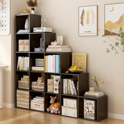 OSCHF Ladder Cube Storage Bookcase - Wooden L-Shaped 5-Tier Corner Shelf, Reversible 15-Cube Organizer for Home & Office, Black