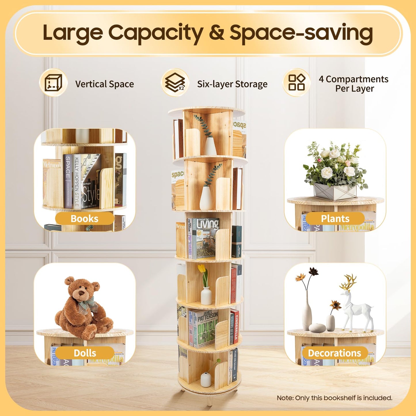 HAOREBAIYU 6-Tier Rotating Pine Wood Bookshelf - Multi-Functional 360° Revolving Storage Rack for Home & Office - WoodArtSupply