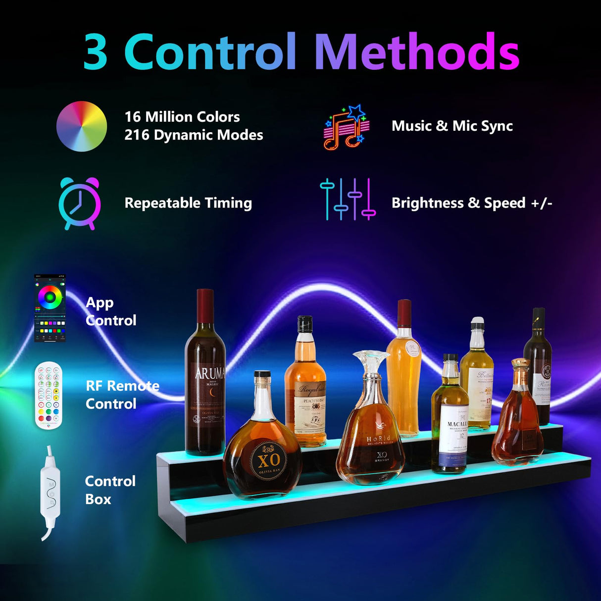 Leekimid Led Lighted Liquor Bottle Display Shelf, 30 Inch 2 Tier Whiskey Rack, Support USB, Bar Stand with RF Remote & App Control, Illuminated Acrylic Lighting Shelves for Home Bar, Party Leekimid