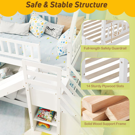 KOMFOTT Wood Twin Over Twin Bunk Bed with Slide & Staircase, Twin House Bunk Bed with Safety Guardrails & Storage, Floor House Bed with Wooden Slat Support for Boys Girls, No Box Spring Needed (White) KOMFOTT
