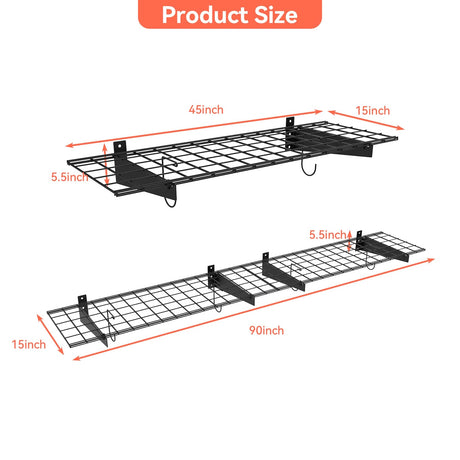 TORACK 2 Pack Garage Wall Shelves, 15" x 45" Wall Mounted Wire Shelves for Garage Heavy Duty Wall Shelving(Pack of 2, Black) TORACK