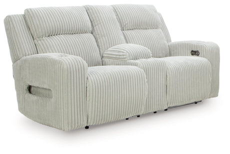 Signature Design by Ashley Broad Cove Modern Power Reclining Loveseat with Console, Adjustable Headrest and LED Lights, White Signature Design by Ashley