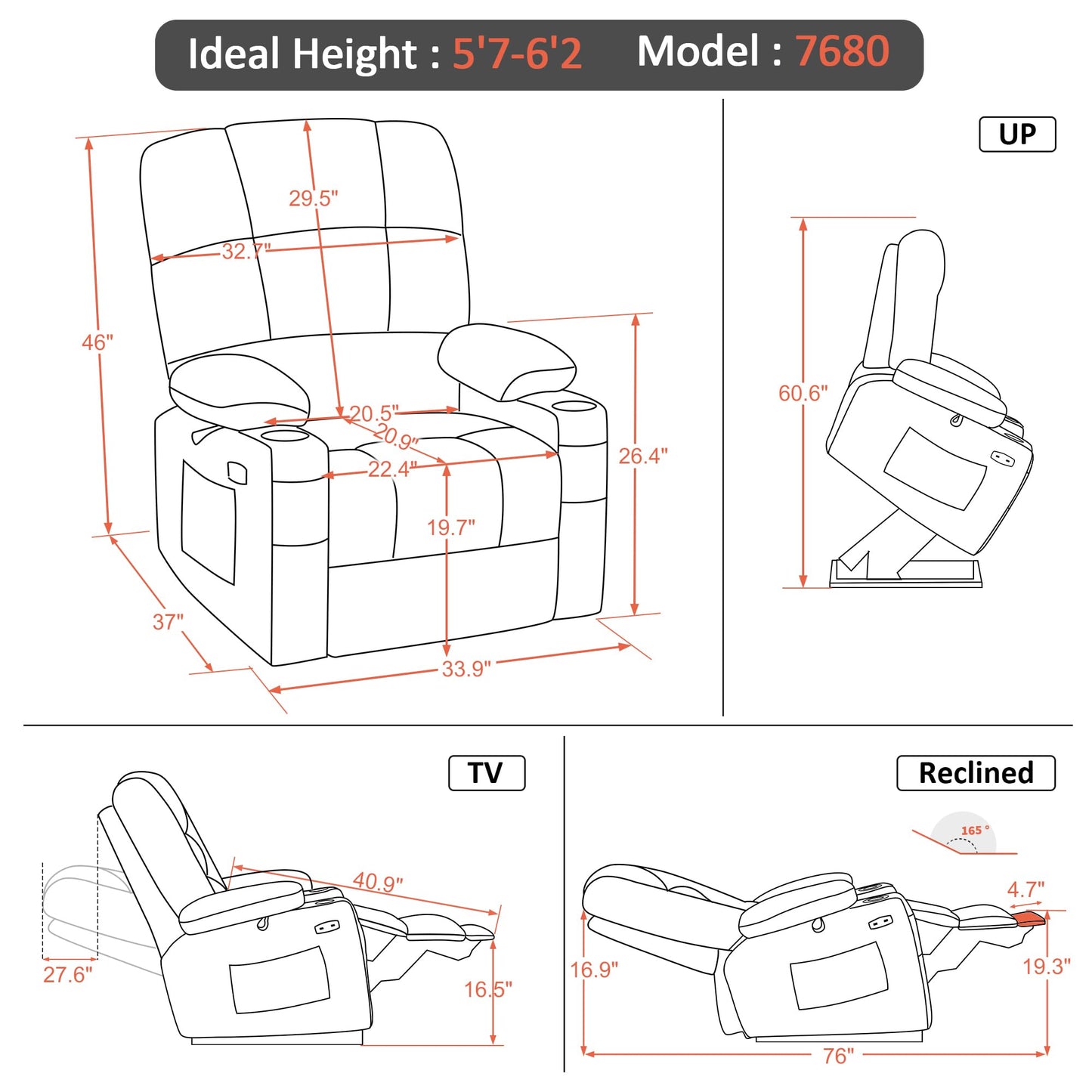 MCombo Large Lay Flat Dual Motor Power Lift Recliner Chair Sofa with Massage and Heat for Elderly People, Infinite Position, Faux Leather 7680 (Dark Brown, Large)