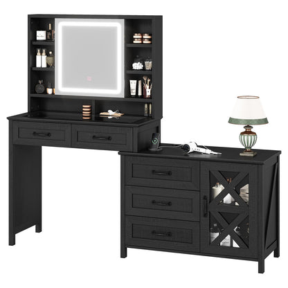 BTHFST Farmhouse Vanity with Glass Top, Vanity Desk with Mirror and Lights, Makeup Vanity with Charging Station, Vanity Table with 5 Drawers & Shelves & Cabinet, Wood-Grain Black - WoodArtSupply