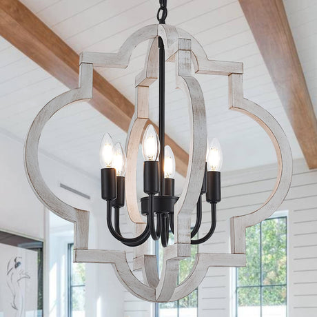 lighceac 6-Light 21" Farmhouse Orb Chandelier Rustic Handmade Distressed White Wood Hanging Ceiling Pendant Light Fixture Wood Lantern Chandeliers for Dining Room Kitchen Bedroom Foyer Hallway lighceac