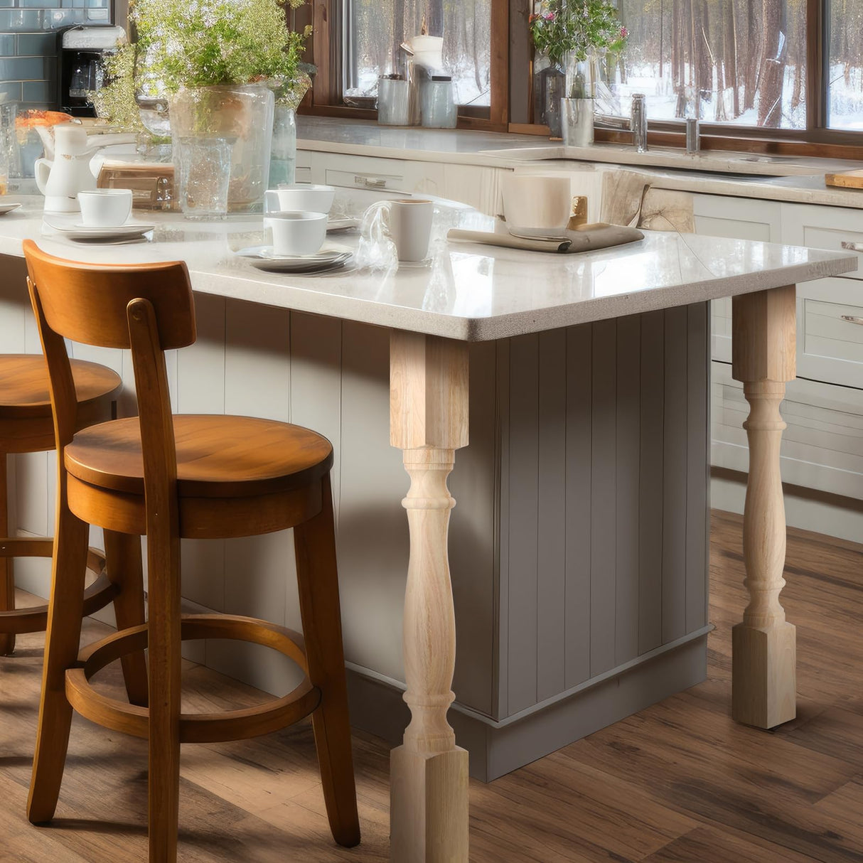 DoubleFill 2 Pcs Unfinished Kitchen Island Legs Farmhouse Solid Wood Table Legs Rubberwood Replacement Raised Panel Cabinet Column, 35.4" H x 3.7" W x 3.7" D DoubleFill