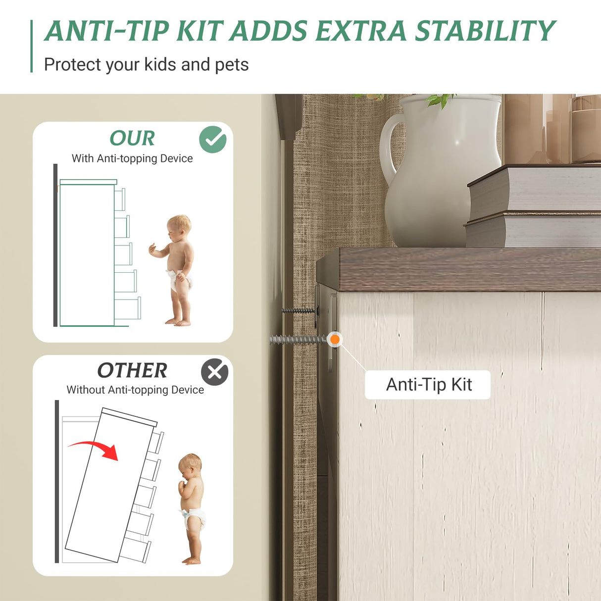 Maupvit 6 Drawer Dresser, 43" Tall Chest of Drawers for Bedroom, Farmhouse Dresser with Large Drawers & Metal Ring Pull Handles, Wood Dressers for Living Room, Hallway, Entryway, Antique White Maupvit