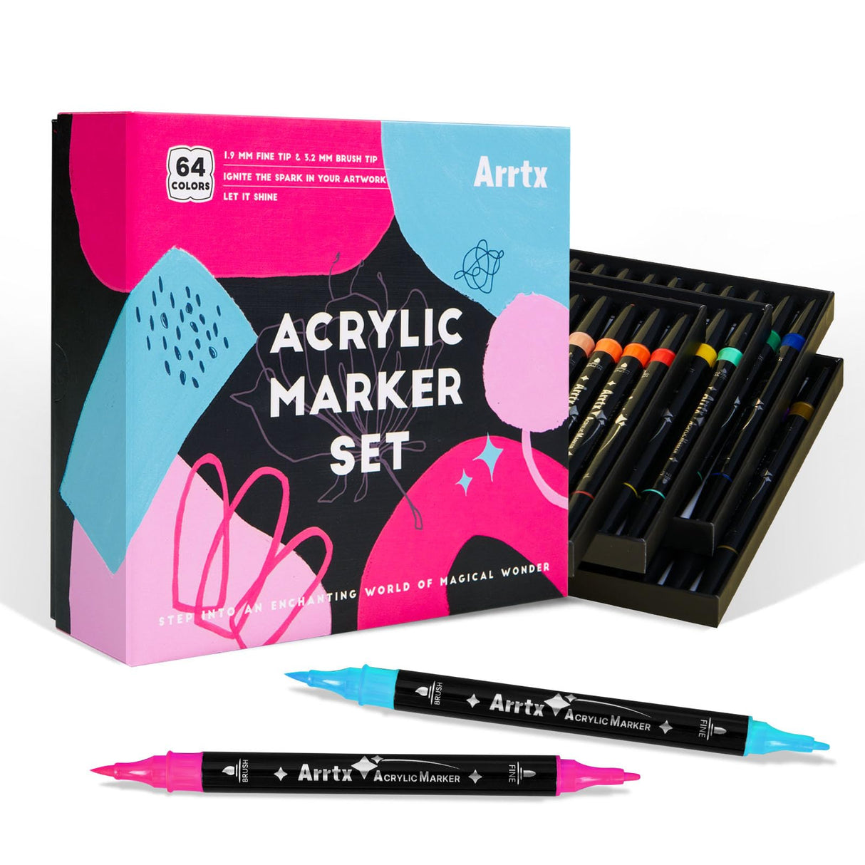 Arrtx Acrylic Paint Markers 64 Colors, Dual Tip Acrylic Paint Pens with Fine Tip and Brush Tip, Art Supplies for Rock Painting, Wood, Ceramic, Fabric, Glass, Card Making, DIY Crafts Arrtx