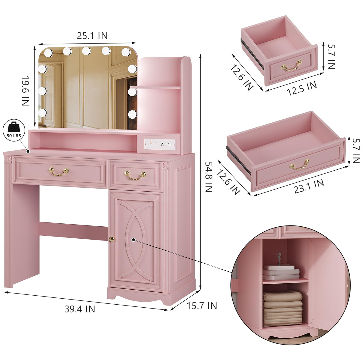 Lareth Makeup Vanity Desk with Lighted Mirror, 39.4 inch Small Vanity Table with Power Outlet, Bedroom Dressing Table, Adjustable Lights & 1 Cabinet 2 Drawers, Gifts for Teen Girls, Light Pink Lareth