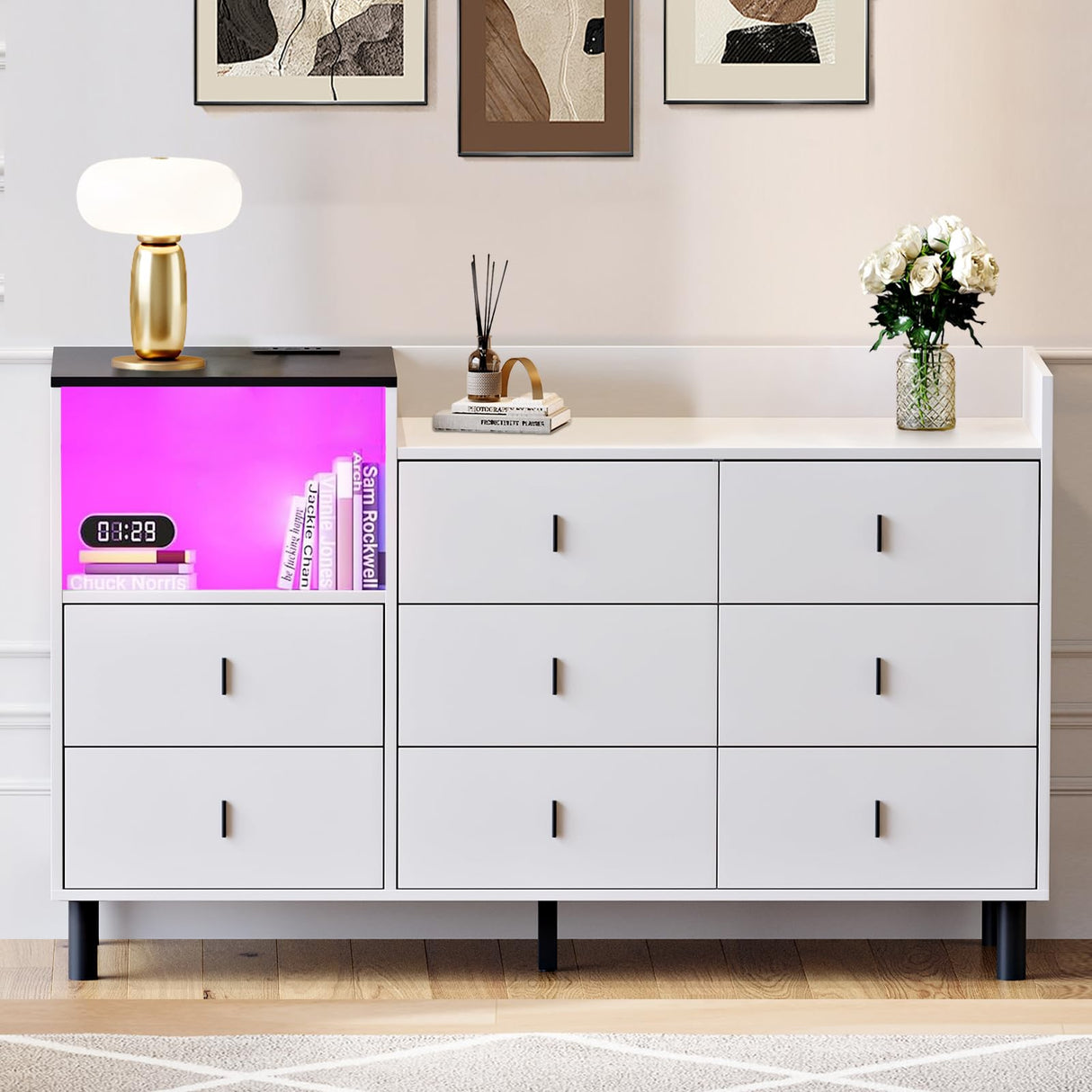 Viplive Dresser, White Dresser for Bedroom, 52 Inch Long Dresser with LED Light, Large Dressers for Bedroom, Modern Wood Dresser & Chests of Drawers, 8 Drawers Dresser for Women Girls Viplive