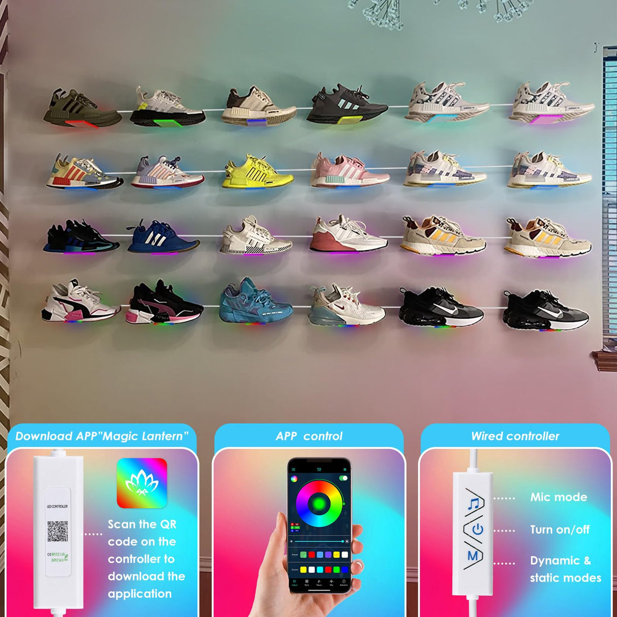 OAPRIRE LED Floating Shoe Display 6-Pack with Remote and App Controls, Music Sync Color Changing Shoe Shelf for Wall, RGB Color Changing Levitating Hanging Shoe Rack, Display Your Top Shoes OAPRIRE