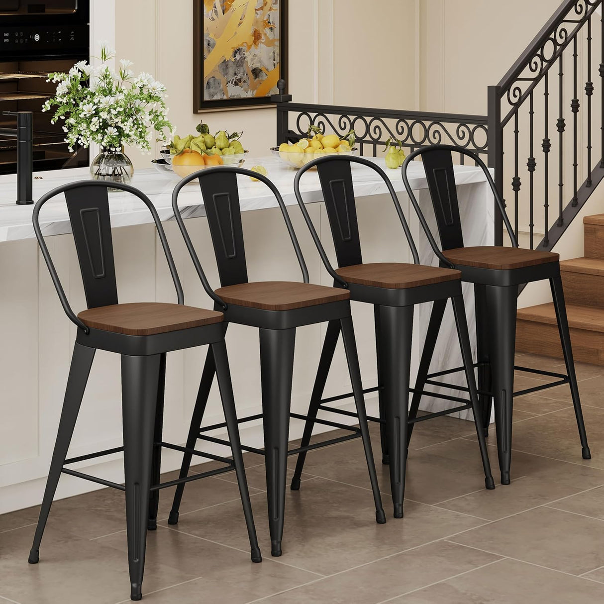 Andeworld Metal Bar Stools Set of 4, 24 inch Counter Height Barstools with Backs Farmhouse Modern High Back Bar Stools with Larger Seat Kitchen Dining Bar Chairs,Matte Black Andeworld
