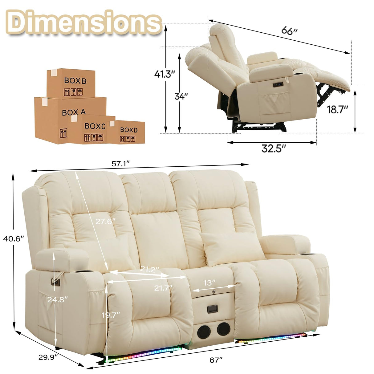 TUNYI Power Loveseat Recliner Sofa with Massage & Heat Home Theater Seating with Console Electric Recliner RV Sofa with USB/Outlet/Storage/Side Pocket/LED Light/Speaker (Cream White) TUNYI