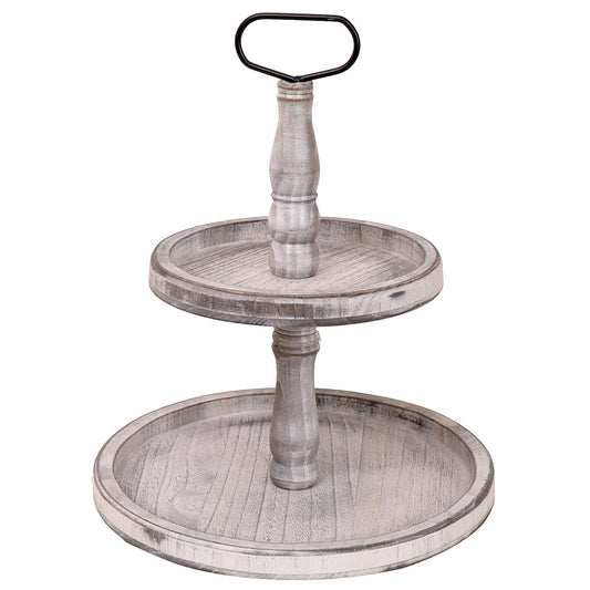 Vintage Wood Two Tiered Tray with Round Metal Handle，Easy to Assemble 2 Tier Home Decor for Tiered Food Presentation Serving Tray，Cupcake Tray (White) - WoodArtSupply